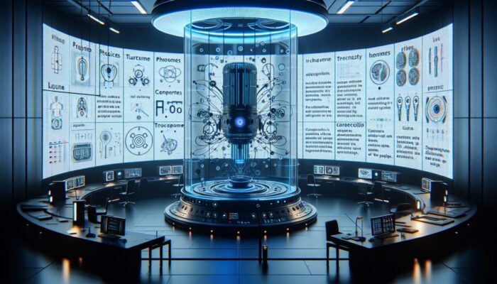 A futuristic lab setting with a microphone capturing speech, converting it into visual phonemes and text via advanced algorithms and machine learning models on a high-tech screen.