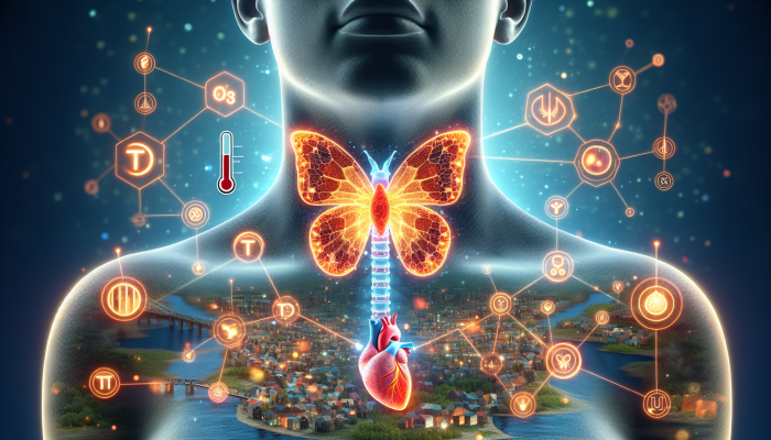 Butterfly-shaped thyroid gland at neck's base, emitting T3 and T4 hormones, affecting heart, temperature, and mood in Buckley.
