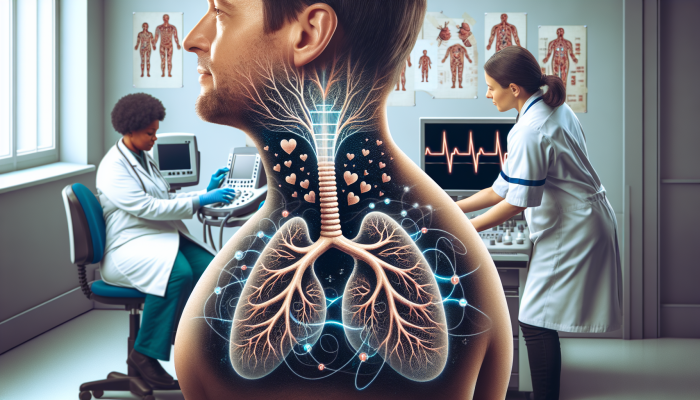 Person in Buckley undergoing thyroid ultrasound, NHS logos and family history chart in background, promoting regular check-ups.