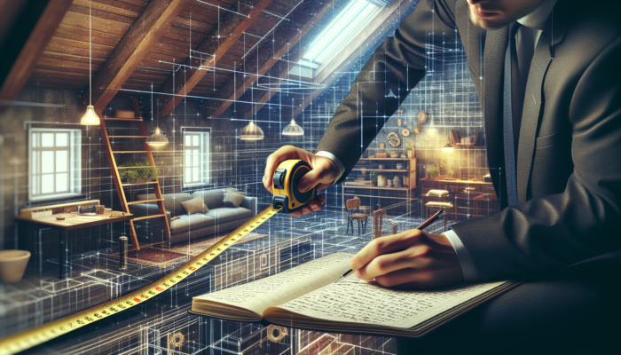 Person measuring UK loft dimensions with tape measure, noting in notebook, visualizing furniture and storage.