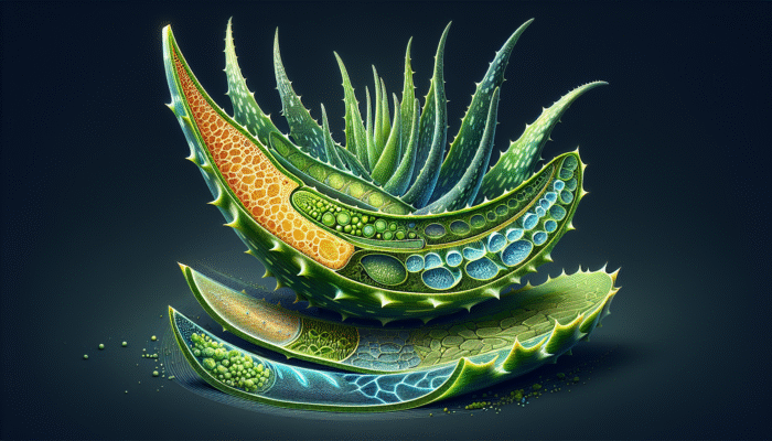 A cross-section of an aloe vera leaf showcasing the healing effects of acemannan and aloin on skin.