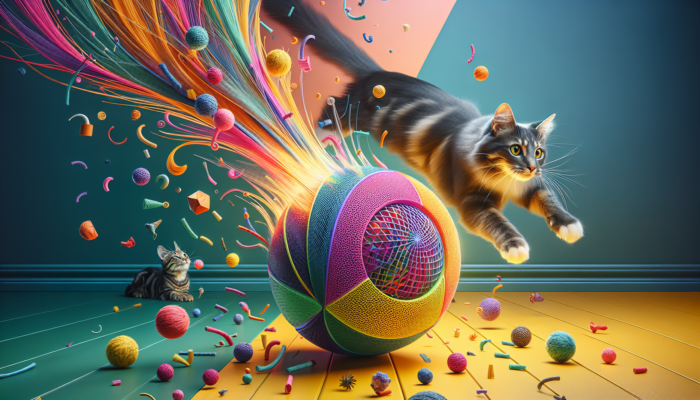 A vibrant catnip ball bouncing on a colourful wall, enticing a cat to chase and pounce.