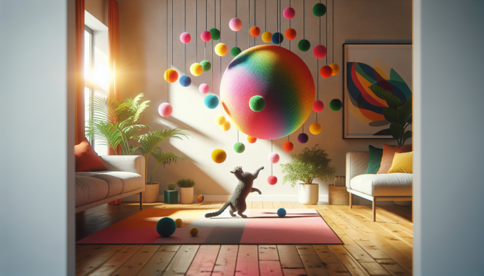 A vibrant cat playing with a colourful catnip wall ball in a cosy living room.
